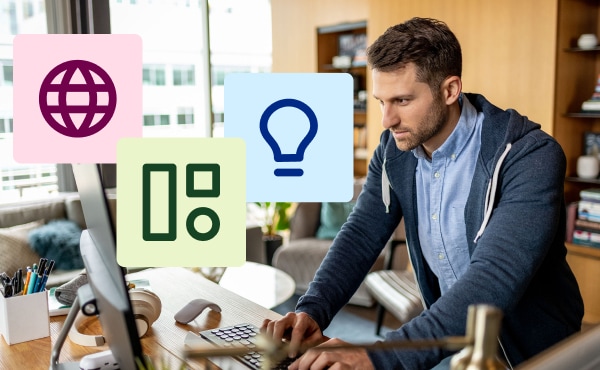 man using computer with icon illustrations