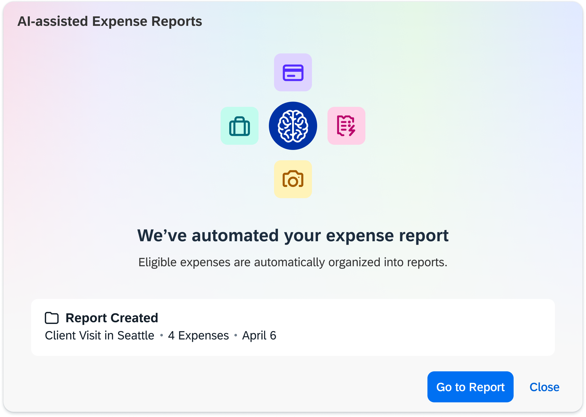 An image of a pop-up message that says "we've automated your expense report".