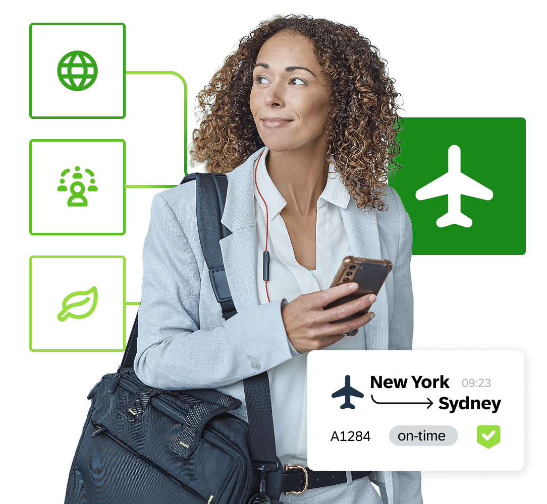 A woman jetting off to a new location, surrounded by graphical elements