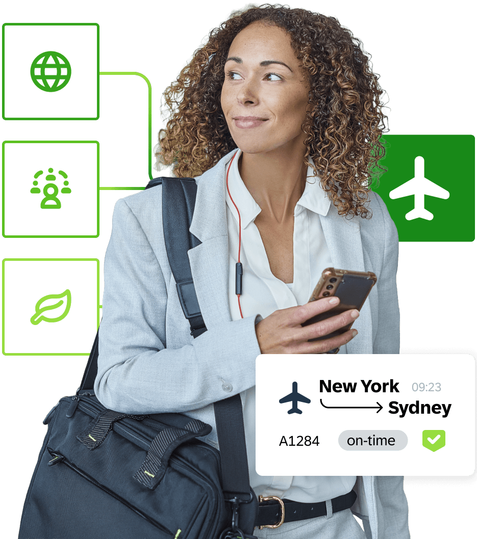 A woman jetting off to a new location, surrounded by graphical elements