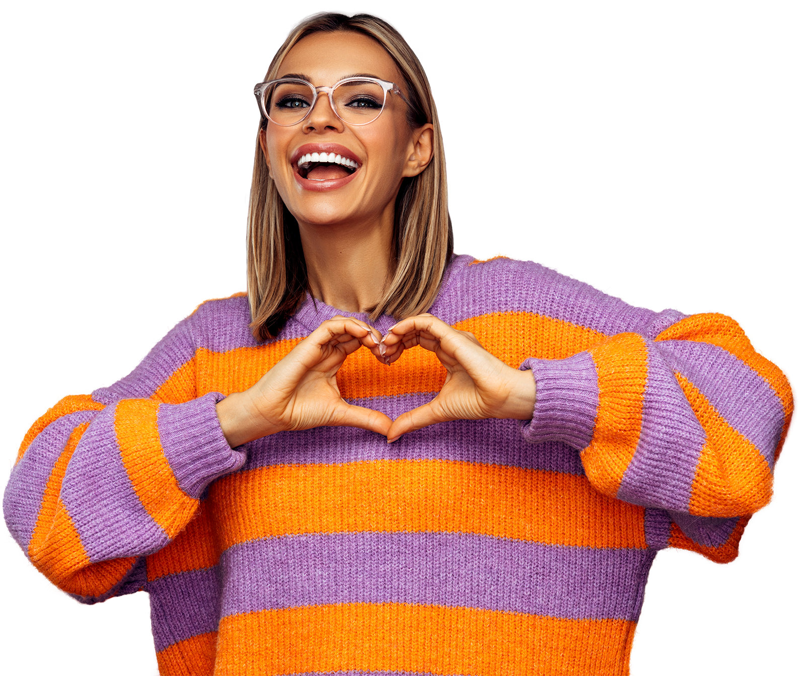 young woman with heart hands