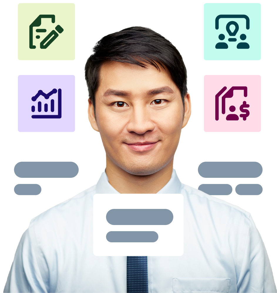 Man surrounded by icons and work bits