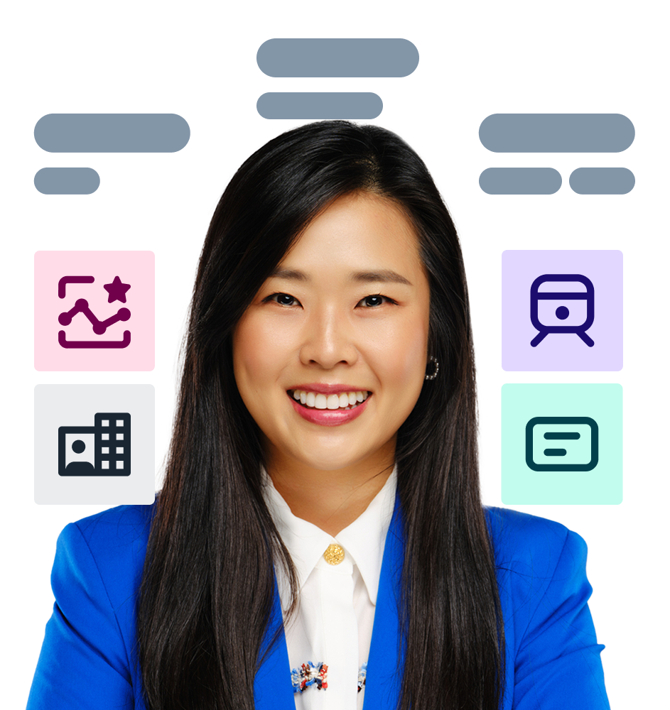 business professional smiling surrounded by business benefits