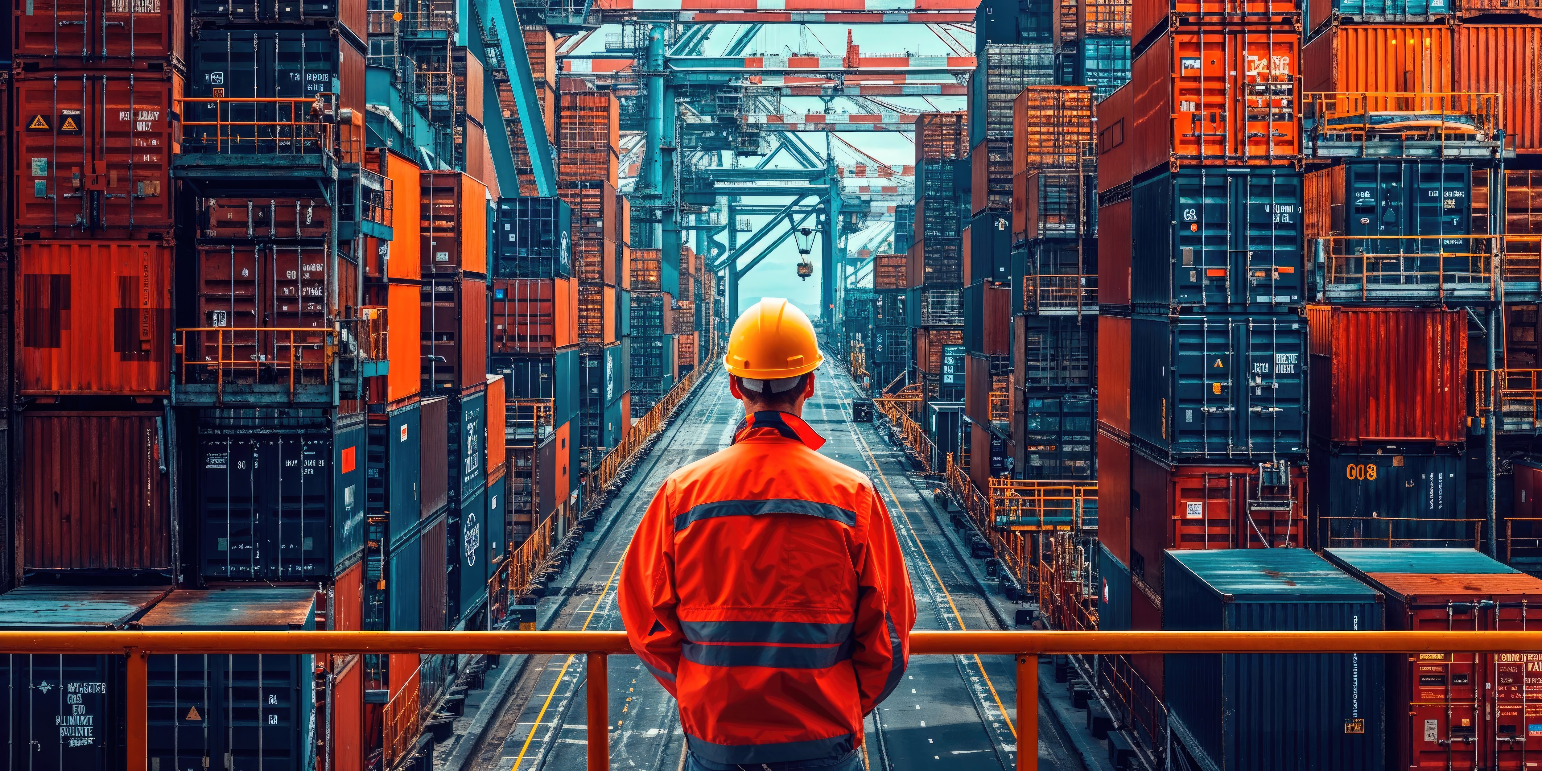 Man in hard hat looking over the port work environment