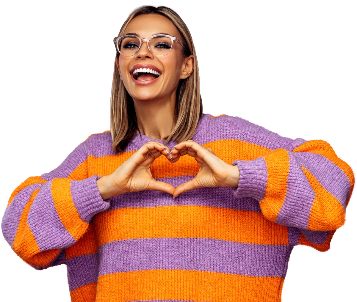 young woman with heart hands