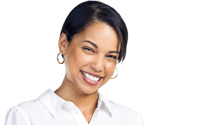 person smiling and holding tablet
