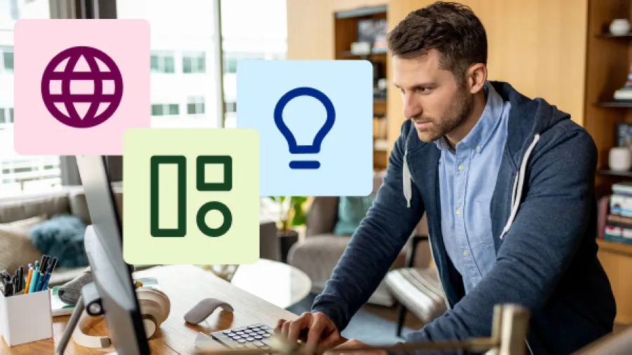 man using computer with icon illustrations