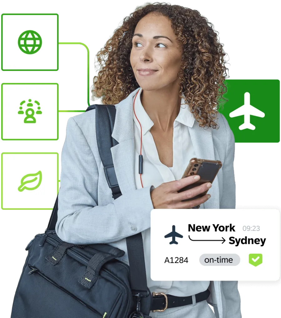 A woman jetting off to a new location, surrounded by graphical elements