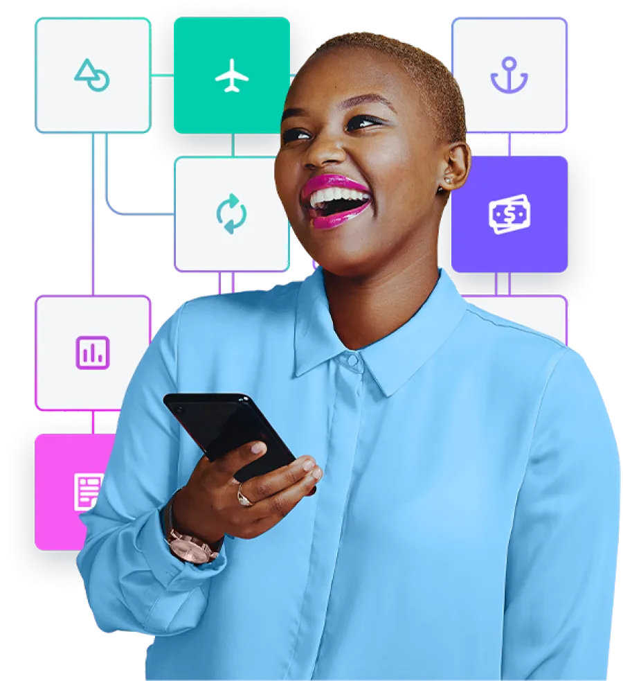 user on mobile phone surrounded by apps 