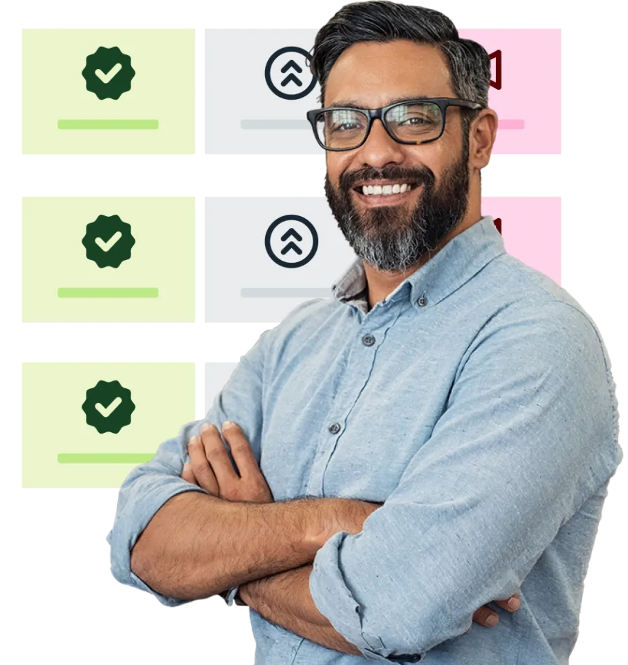 Man with arms folded and school related icons behind him