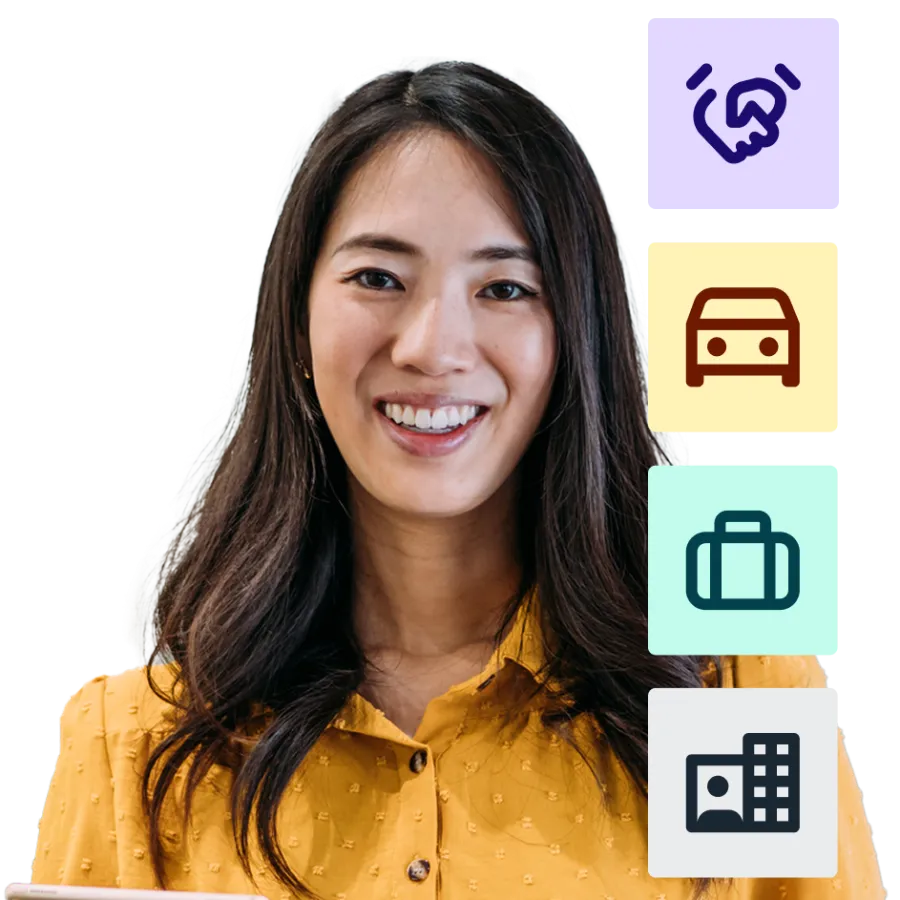 person smiling with icons to side