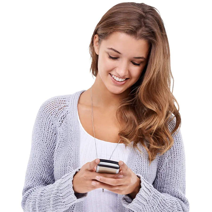 woman holding phone and smiling